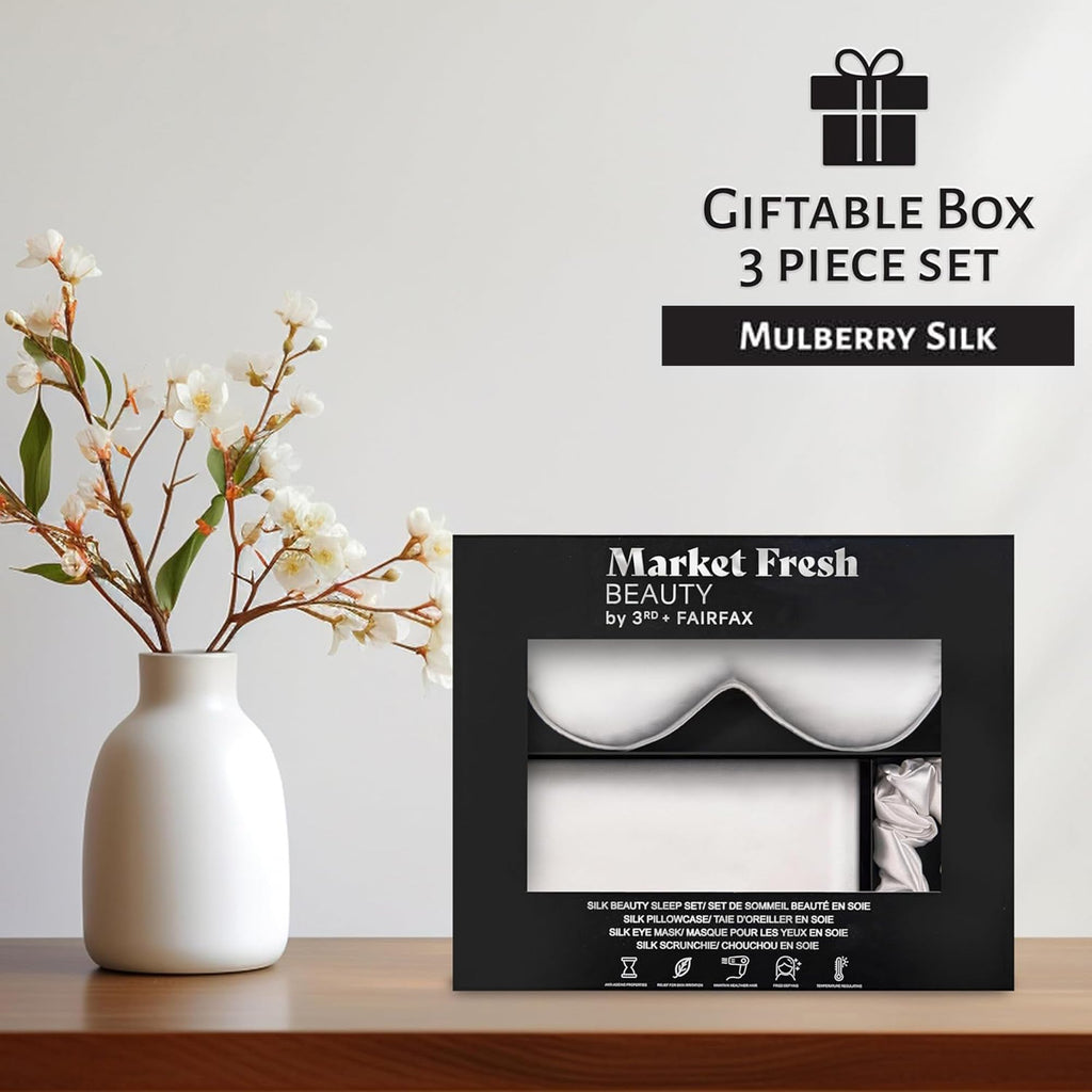 Market Fresh Beauty Mulberry Silk Pillowcase Gift Set, Eye Mask, Pillowcase, and Scrunchie for Gentle Sleep Reducing Breakage, Tangles, Creases, and Wrinkles - Queen Size - Pink